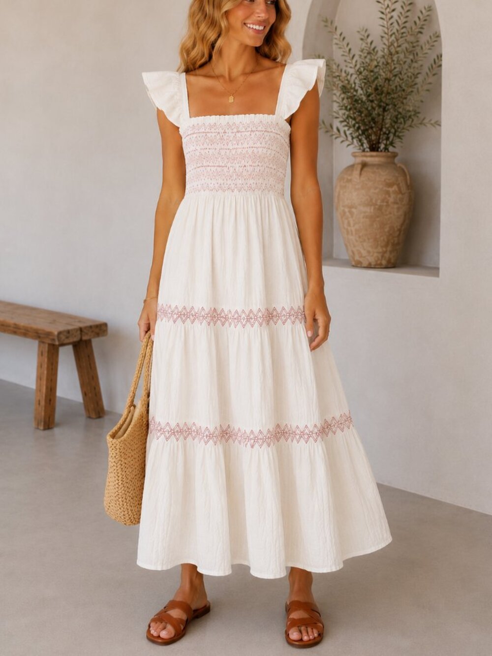 Madewell Lucie Smocked Tiered Midi Dress XS Ivory Pink Cotton Ruffle Strap Cotta